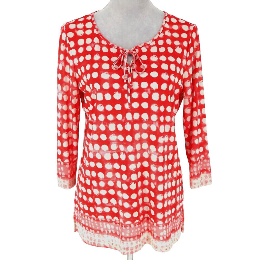 Chicos Top 1 Womens Medium Red Ivory Polka Dot Blouse Lightweight Tie Front